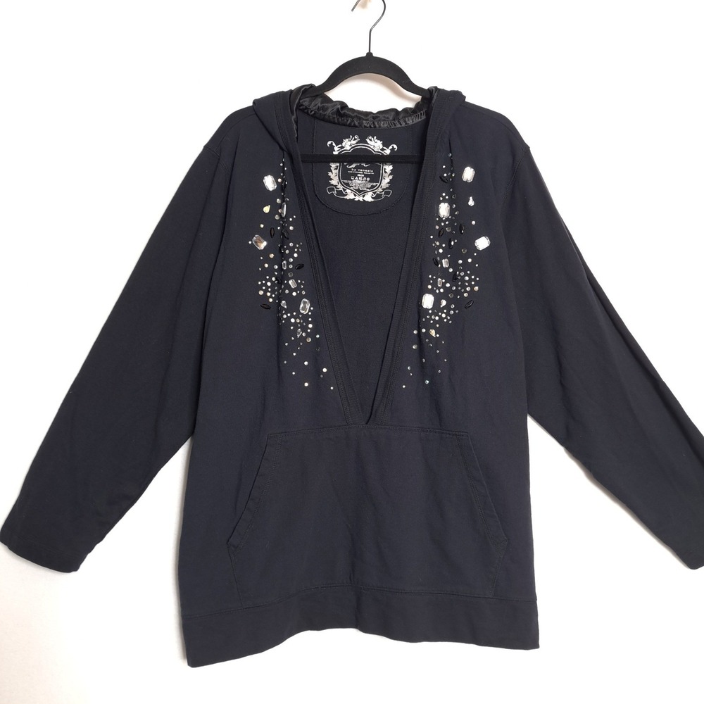 Venezia Hoodie Women 26/28‎ Black Rhinestone Pocket Long Sleeve Plus Sparkle Fit